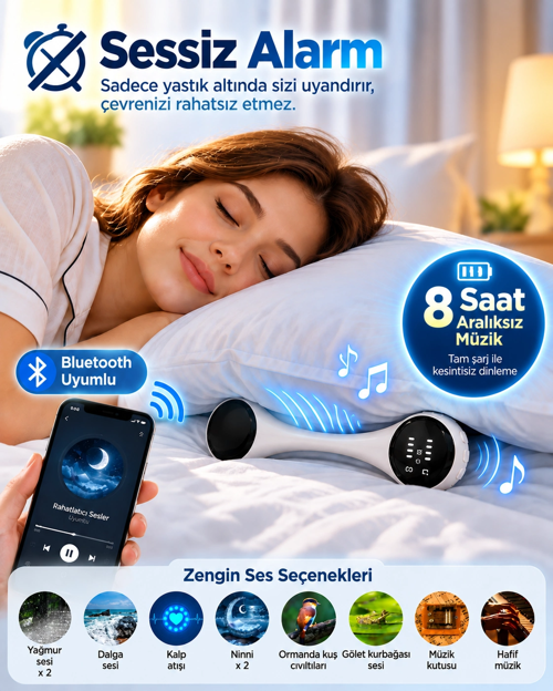Yastık Altında Kullanılan Bluetooth Uyku Hoparlörü Sessiz Alarm Rahatlatıcı Sesler Ve 8 Saat