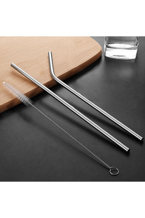 Ekstra Uzun Paslanmaz Çelik Pipet Seti – 3 Parça (Eğri + Düz + Fırça)