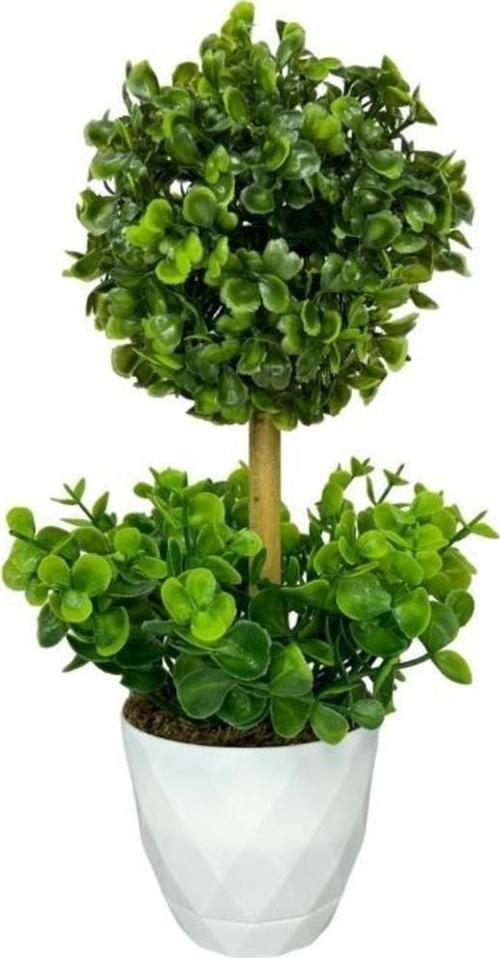 Yapay Ağaç Şimşir Top Tek Toplu Şimşirli 12x31 cm Beyaz Saksıda