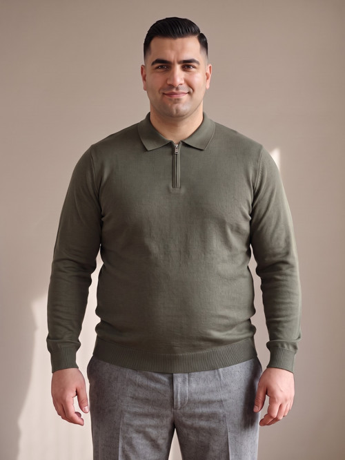 Haki Erkek Büyük Beden Düz Fermuarlı Polo Yaka Triko Kazak