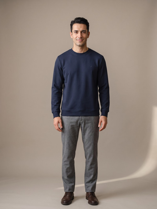 Lacivert Erkek İki İplik Bisiklet Yaka Sweatshirt