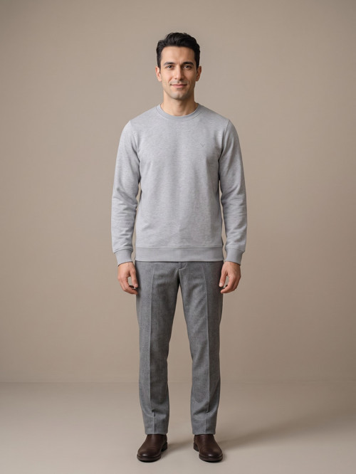 Gri Melanj Erkek İki İplik Bisiklet Yaka Sweatshirt