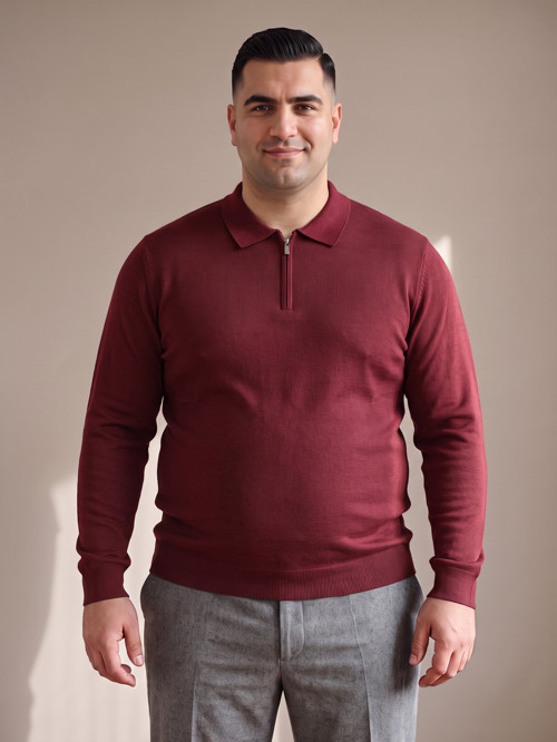 Bordo Erkek Büyük Beden Düz Fermuarlı Polo Yaka Triko Kazak