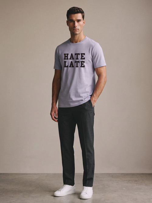 Lila Erkek Hate Late Baskılı Bisiklet Yaka Bol Kesim Tişört