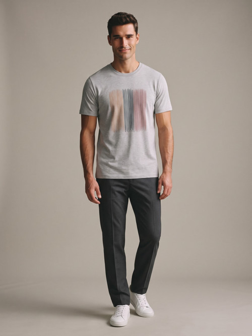 Gri Erkek Çizgi Blok Baskılı Bisiklet Yaka Bol Kesim Tişört