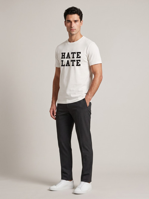 Beyaz Erkek Hate Late Baskılı Bisiklet Yaka Bol Kesim Tişört