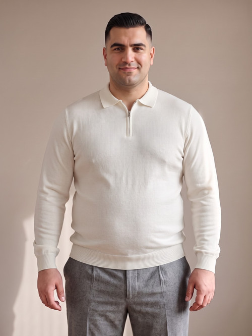 Beyaz Erkek Büyük Beden Düz Fermuarlı Polo Yaka Triko Kazak