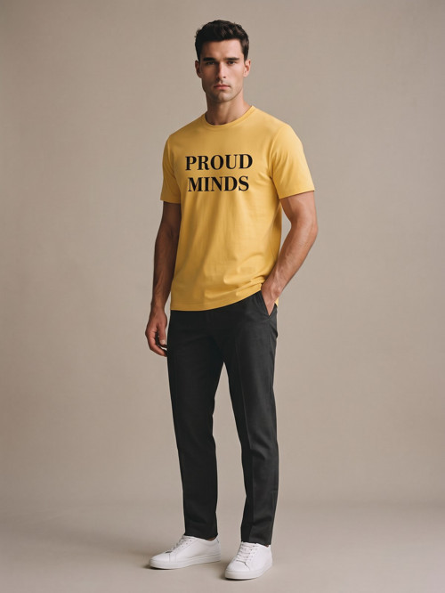 Sarı Erkek Proud Minds Baskılı Bisiklet Yaka Bol Kesim Tişört