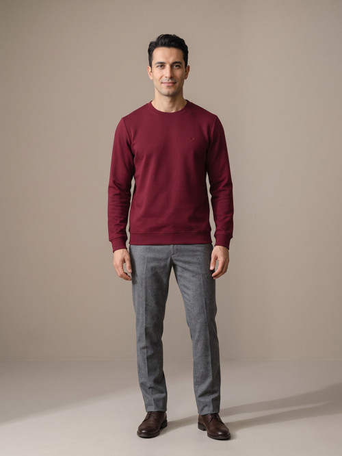 Bordo Erkek İki İplik Bisiklet Yaka Sweatshirt