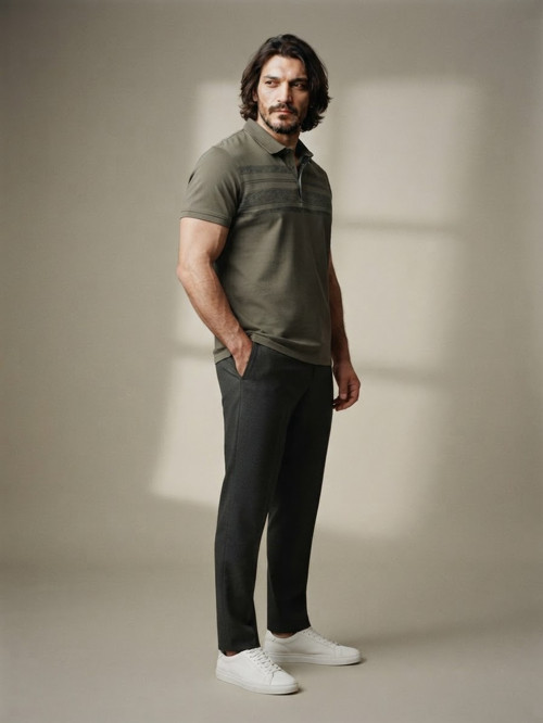Haki Erkek Büyük Beden Çizgili Polo Yaka Tişört