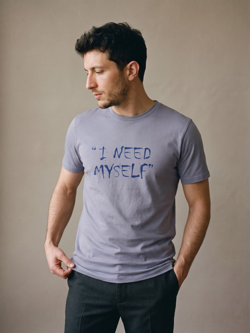 Lila Erkek I Need Myself Baskılı Bisiklet Yaka Tişört