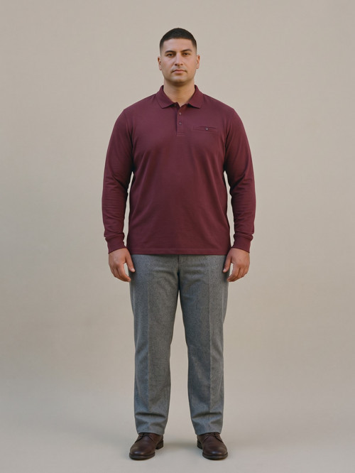 Bordo Erkek Büyük Beden Cepli Uzun Kollu Pike Polo Yaka Tişört