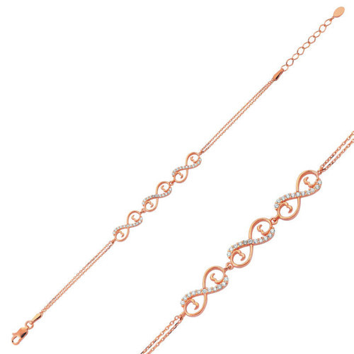 925 Ayar Gümüş Rose Gold Üç Kalpli Sonsuzluk Kadın Bileklik