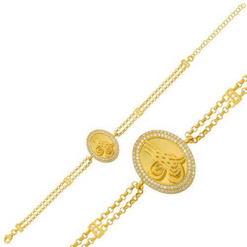 925 Ayar Gümüş Gold Tuğralı Kadın Bileklik - 10 Gram