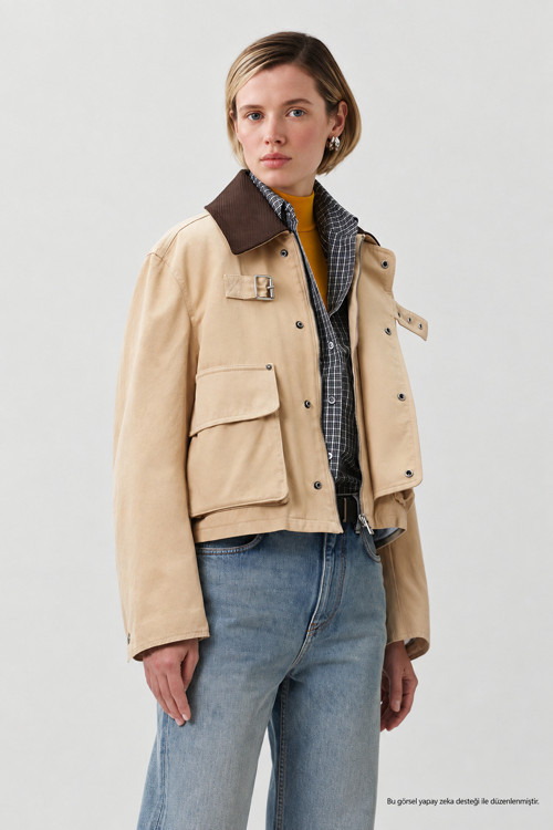Kadın Trend Jacket Kadife Yaka Taş Relaxed Kot Ceket-00111467