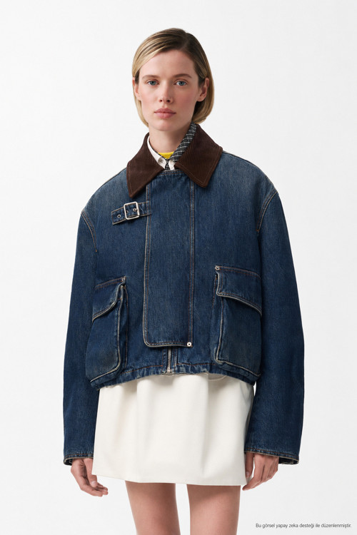 Kadın Denim Trend Jacket Kadife Yaka Relaxed Kot Ceket-00111467