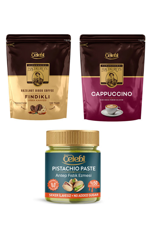 Lezzet Üçlüsü Seti - Fındıklı Dibek Kahvesi 170 Gr - Cappuccino 170 Gr - Şekersiz Antep Fıstık Ezmesi 200 Gr