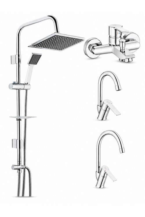Lite Banyo Bataryası + Ar Lite Kuğu Lavabo Bataryası + Ar Lite Evye Bataryası + Tema 53260 Quadro Rain Pratik Duş Sistem