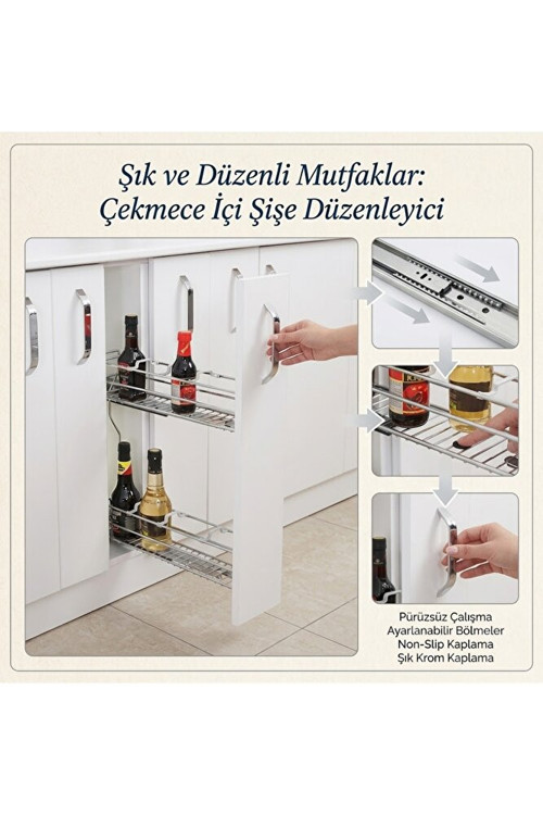 Çift Açılım Tandem Raylı Deterjanlık 25 Cm Tezgah Altı Dolap İçi Mutfak