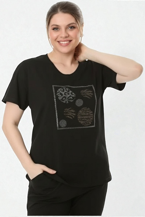 Büyük Beden V Yaka Önü Taşlı Tshirt