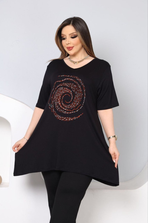 V Yaka Önü Renkli Taşlı Asimetrik Tunik Bluz
