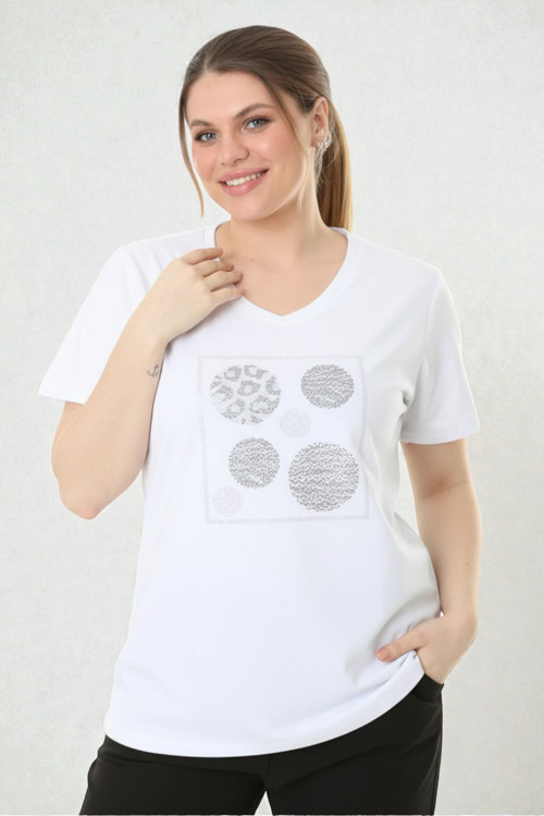 Büyük Beden V Yaka Önü Taşlı Tshirt
