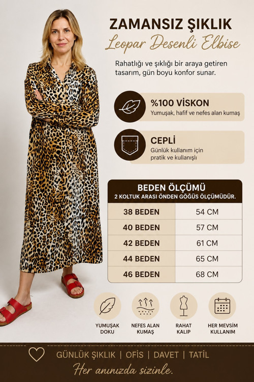 Leopar Desenli Rahat Kalıp Uzun Gömlek Elbise