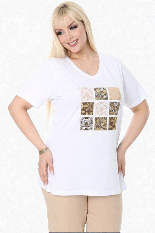 Büyük Beden V Yaka Önü Gold Desenli Tshirt