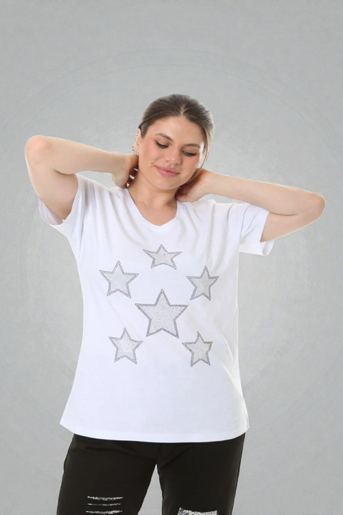 Büyük Beden Yıldız Desenli Taşlı V Yaka Tshirt