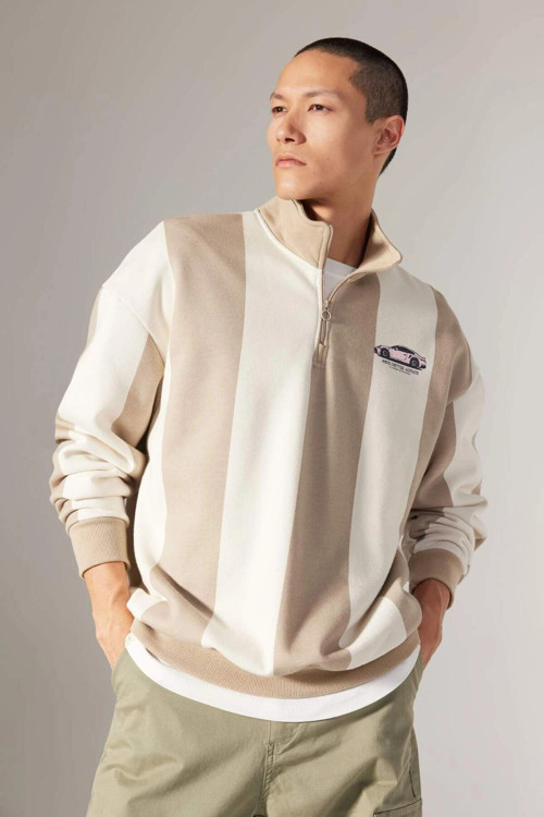 Oversize Fit Geniş Kalıp Dik Yaka Yarım Fermuarlı Baskılı Sweatshirt
