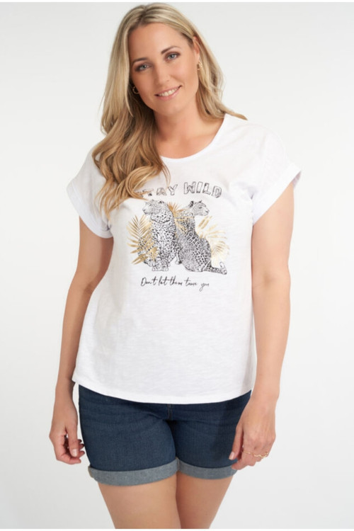 Büyük Beden Leopar Desenli Gold Baskılı Koton Beyaz Tshirt