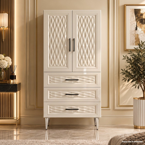 Cannes Çok Amaçlı Dolap 60 cm 2 Kapak 3 Çekmece Parlak Krem - Çok Amaçlı Kiler Dolabı