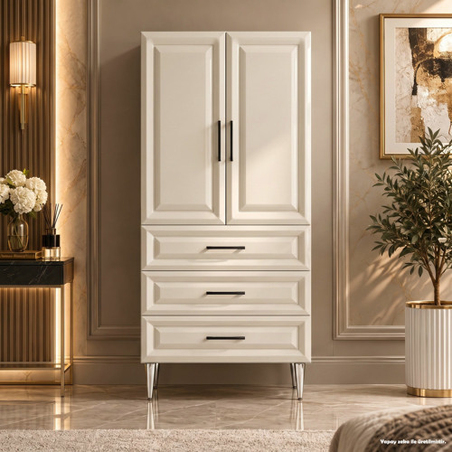 Antibes Çok Amaçlı Dolap 60 cm 2 Kapak 3 Çekmece Parlak Krem - Çok Amaçlı Erzak Dolabı