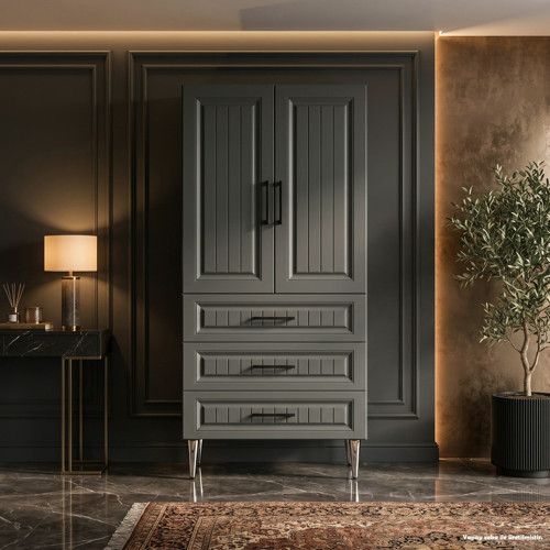 Zürich Çok Amaçlı Dolap 60 cm 2 Kapak 3 Çekmece Lake Koyu Gri RAL 7043 - Çok Amaçlı Mutfak Dolabı