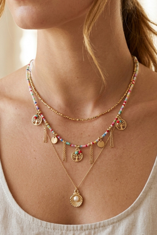 Boncuk Çoklu Zincir İnci Midye Hayat Ağacı Kolye