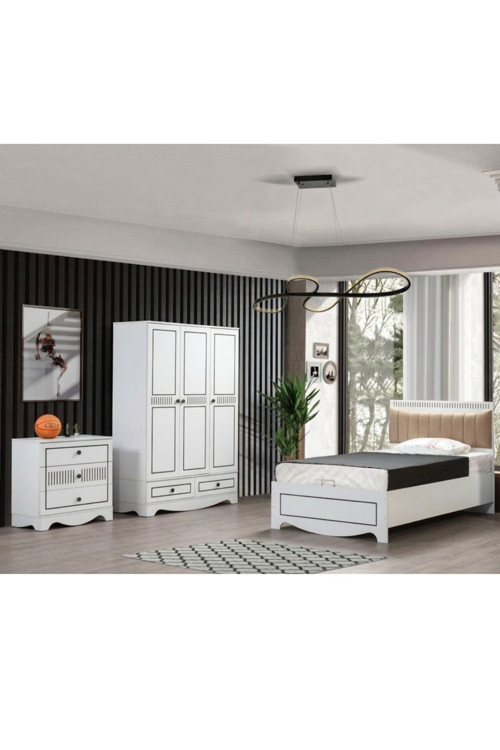 Papatya Genç Odası - 3 Kapılı Dolap, Bazalı Karyola, Şifonyer - 120x200, Beyaz