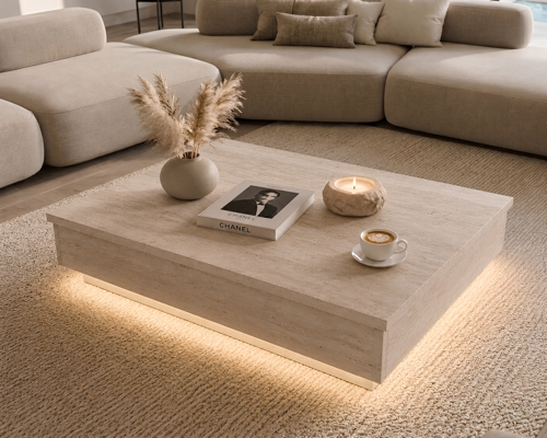 Perla LED Işıklı 90X75 Orta Sehpa - Traverten Doku - Mermer desen