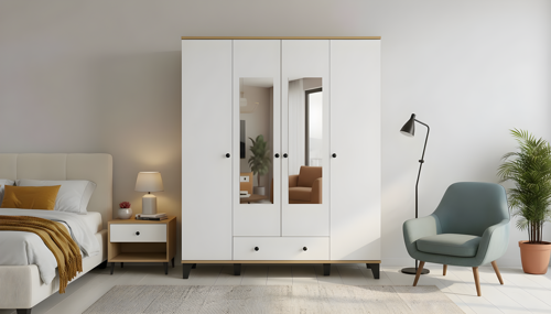 Vento Modern 4 Kapaklı Aynalı Fonksiyonel Yatak Odası & Genç Odası Elbise Dolabı - Safir Meşe