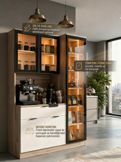 Dream Premium Kahve İstasyonu - Kahve Köşesi ve Mutfak Ünitesi - Safir Meşe Füme Temperli Camlı LED Modül