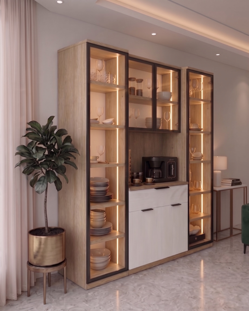 Dream Premium Ultra Kahve Istasyonu - Kahve Köşesi ve Mutfak Ünitesi - Safir Meşe Füme Temperli Camlı LED Modül