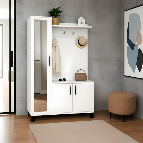 Loft Aynalı Portmanto ve Askılıklı Vestiyer Takımı - Beyaz