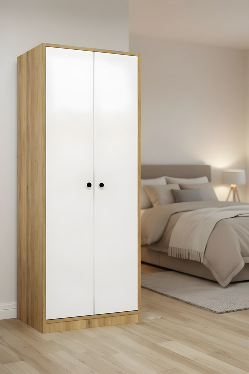 Moderno 2 Kapaklı 5 Raflı Askılıklı Gardırop - Safir Meşe Modüler Elbise Dolabı