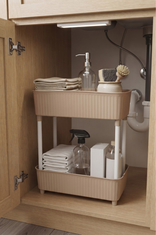 2 Katlı Plastik Düzenleyici Raf Cappuccino | Mutfak Dolap İçi Raf | Banyo Rafı | Masa Altı Organizer | Çok Amaçlı Saklama Düzenleyici 30X17,5X40,5 Cm