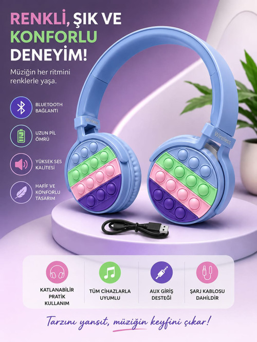 POPİT DESENLİ KAFA ÜSTÜ BLUETOOTH KULAKLIK