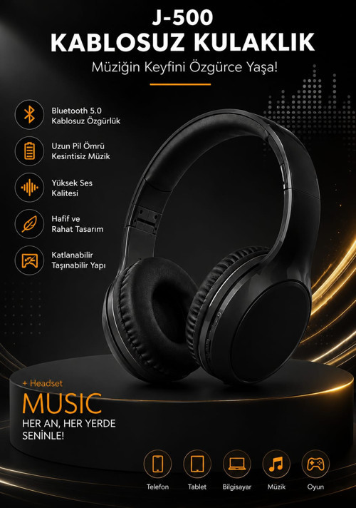 J500 SİYAH RENK BLUETOOTH KAFA ÜSTÜ KULAKLIK