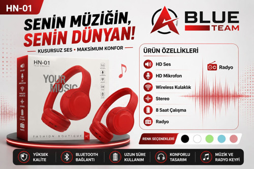 HN01 KIRMIZI KAFA ÜSTÜ BLUETOOTH KULAKLIK