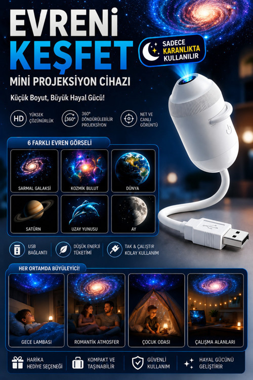 Uzay Gece Lambası Mini Projektör 6 Film Disk 360° Dönen Ay Aurora Kuzey Işıkları Tak Çalıştır Nebula