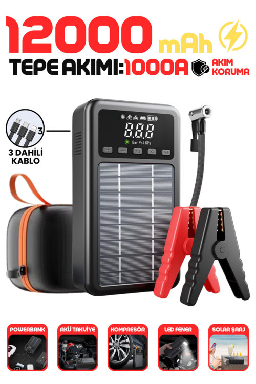 4In1 Solar Şarjlı 12000Mah Dahili Şarj Kablolu Powerbankli 1000A Tepe Akımlı Akü Takviyeli Araç Lastik Kompresörü