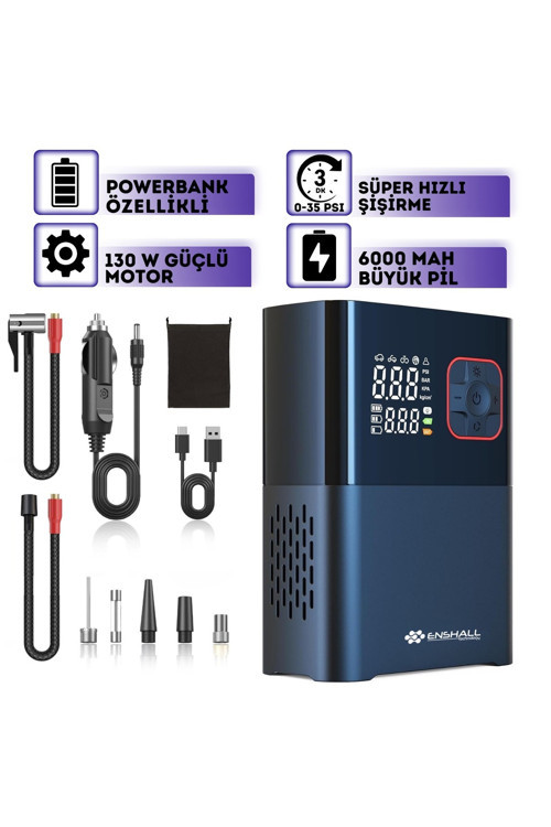 6000Mah Led Işıklı Çantalı Şarjlı Ve Kablolu Araç Motor Bisiklet Top Lastik Şişirme Hava Kompresörü