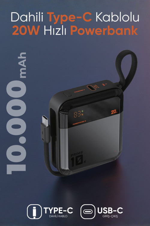 Prıme 10.000 Mah Mini Type-C Kablolu 20W Hızlı Şarj Fultech Lcd Ekranlı Taşınabilir Powerbank